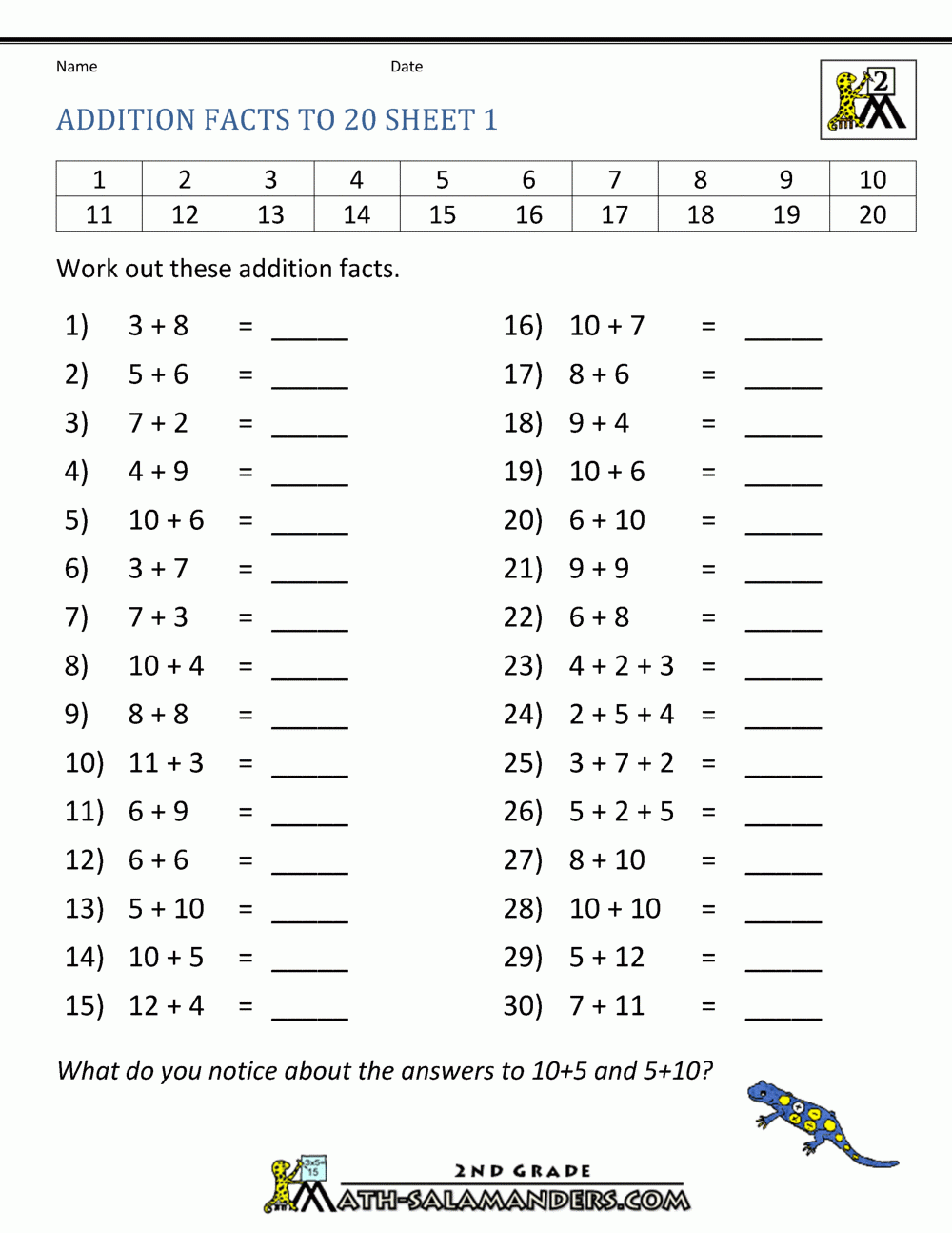 Math Addition Facts Worksheets