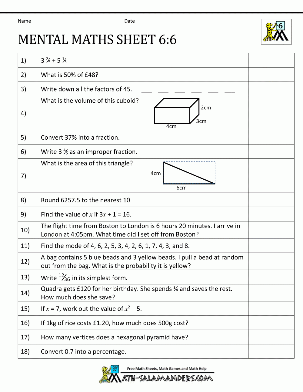 Maths Worksheets For Year 6 Printable