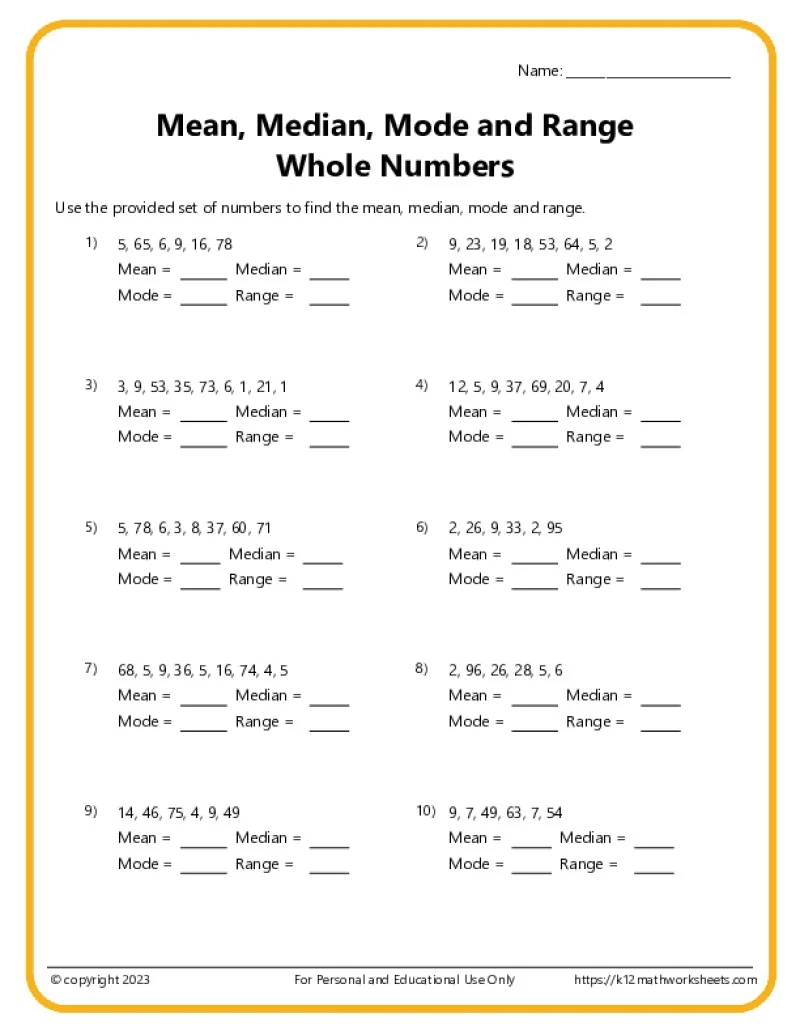Mean Median Mode Range Printable Worksheets