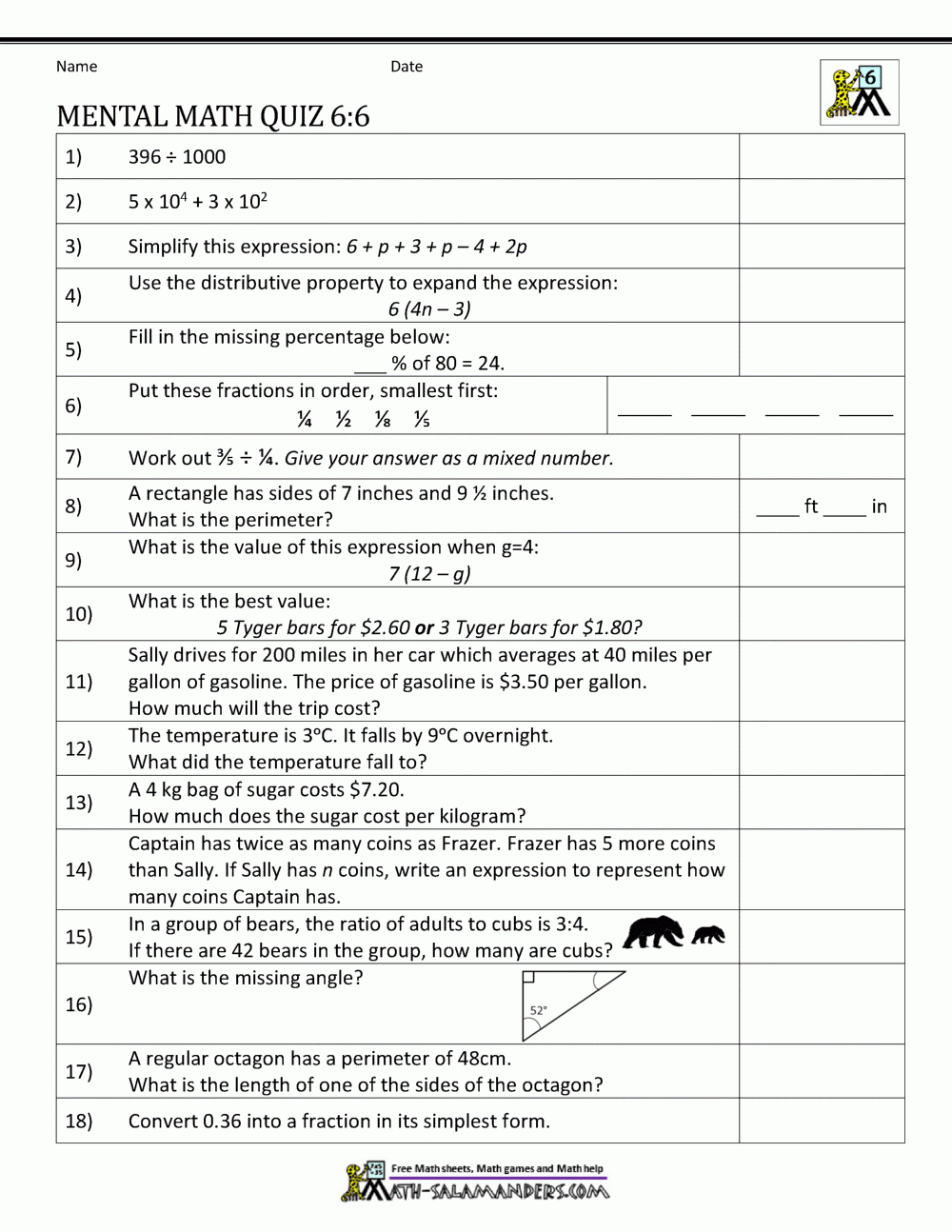 Mental Math 6th Grade