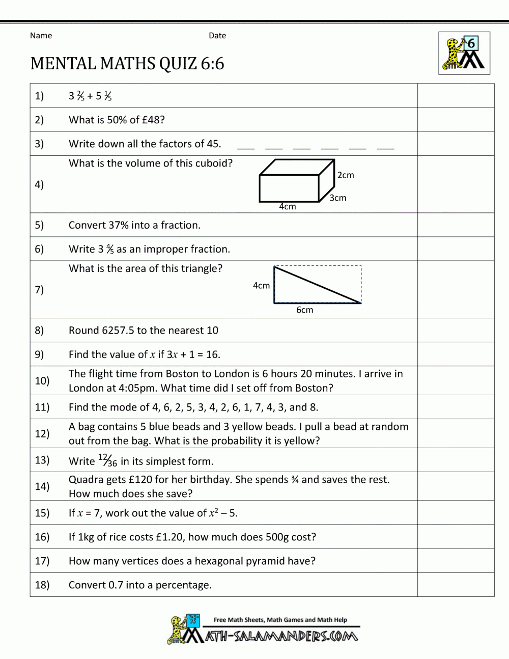 Year 6 Maths Printable Worksheets