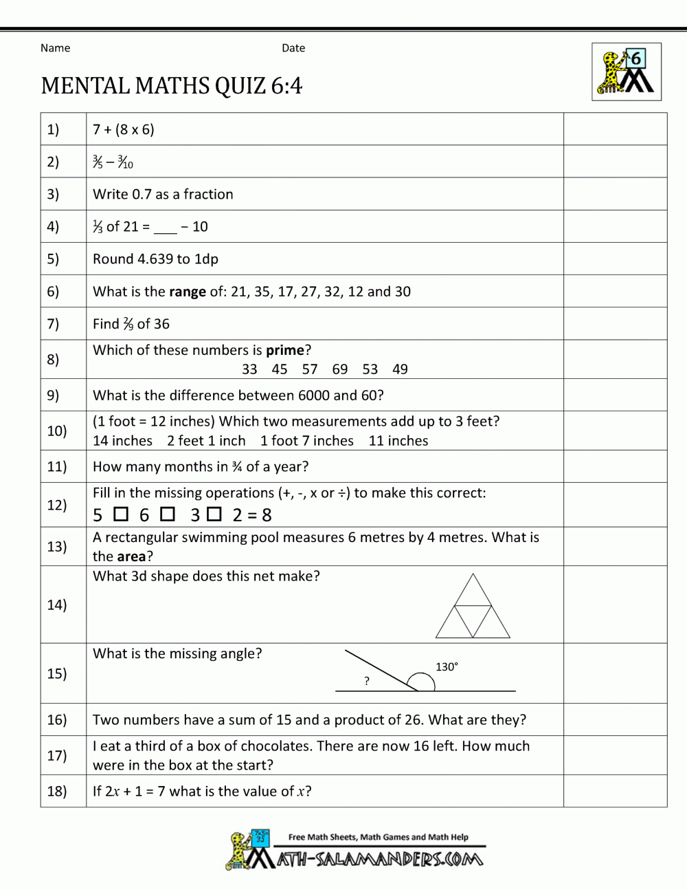 Printable Mental Math Worksheets Grade 6