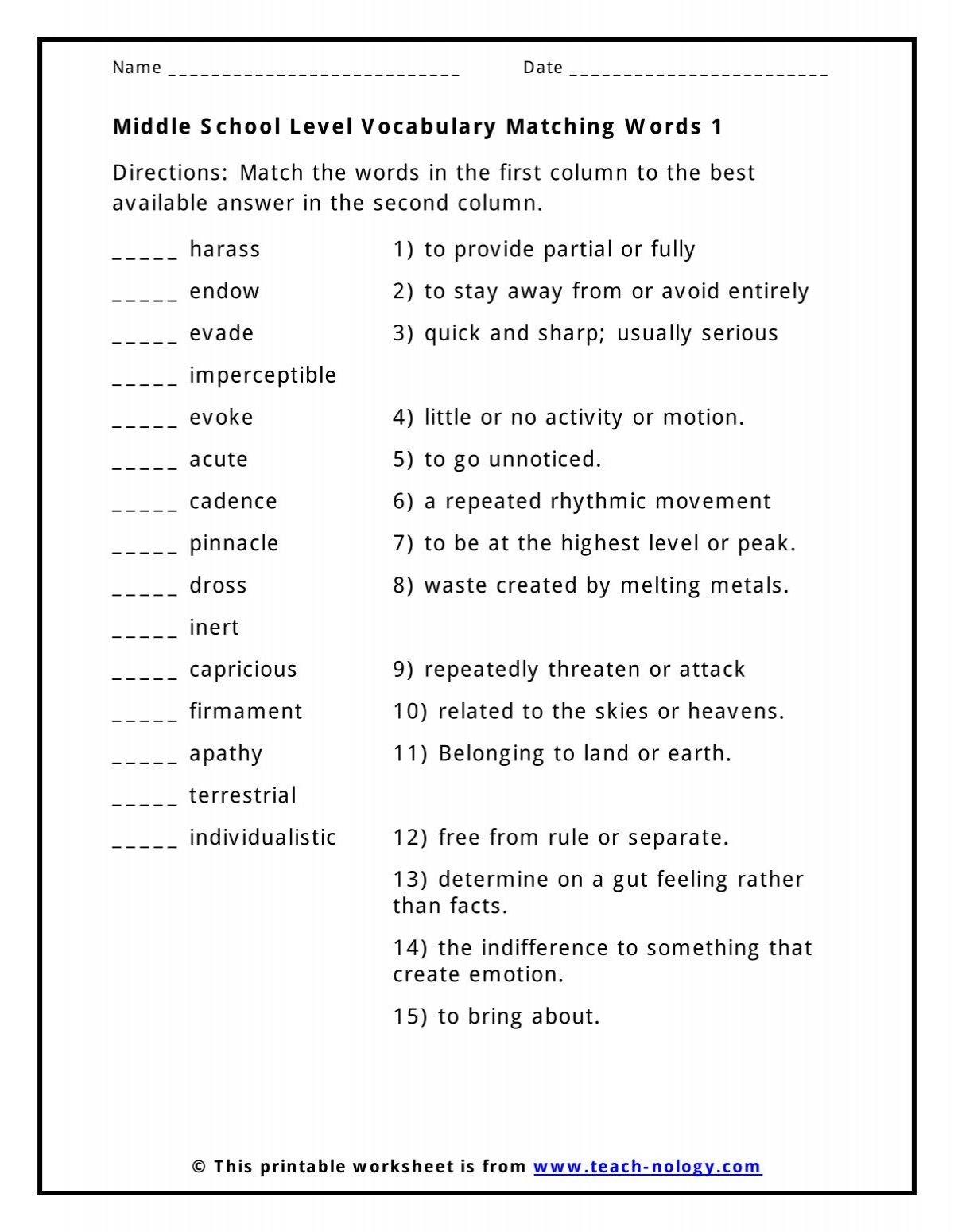 Middle School Level Vocabulary Matching Words 1 Teach nology