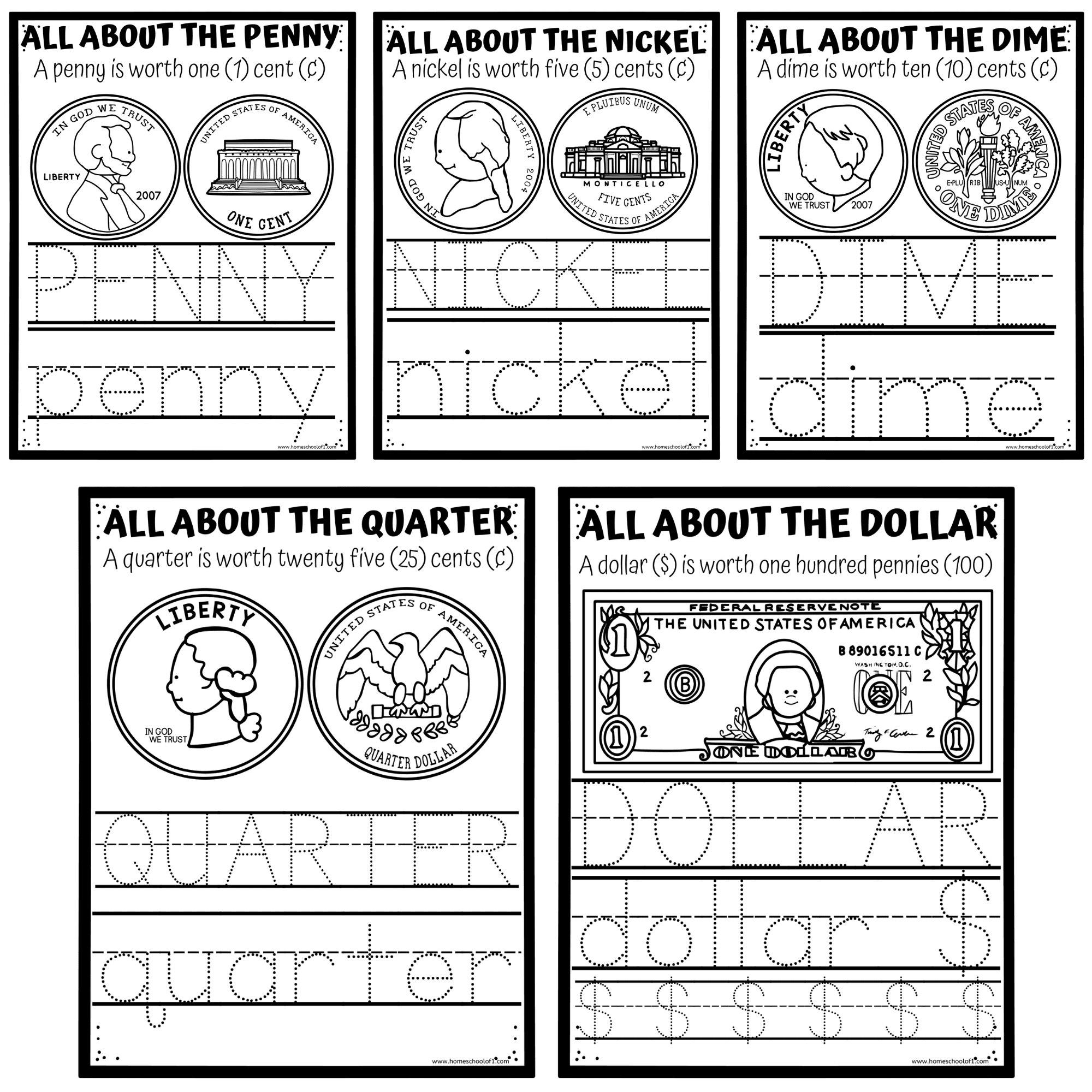 Printable Identifying Dollar Bills Worksheets