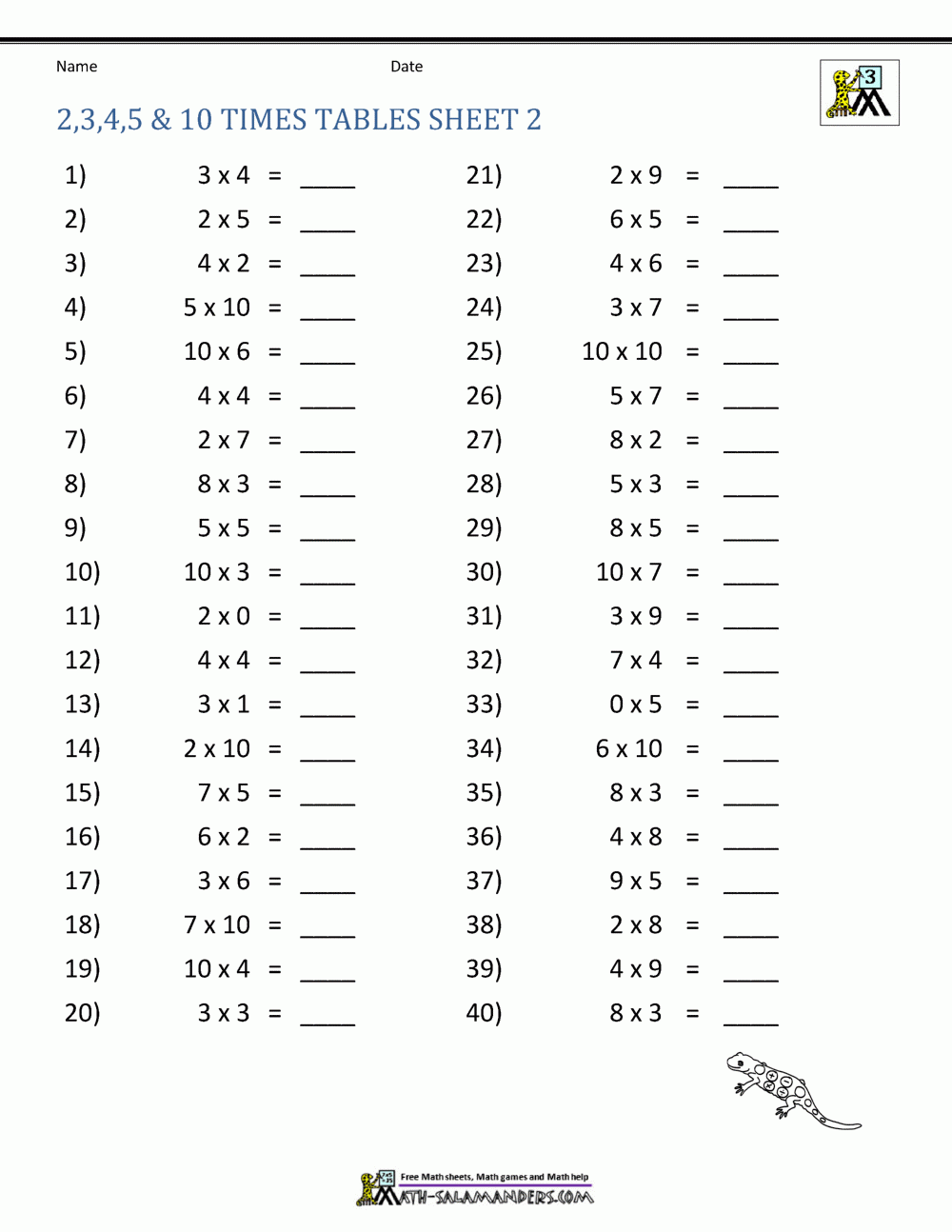 Free Time Tables Worksheets Printable