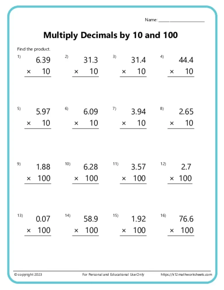 Multiplying Decimals Worksheets