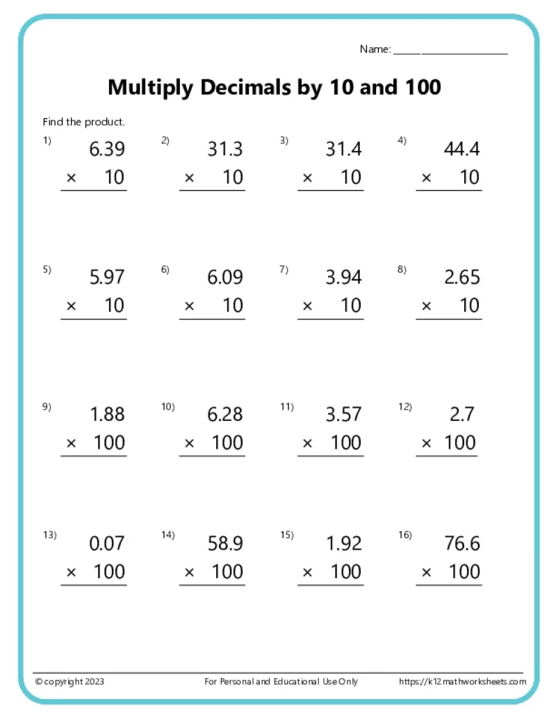 Multiplying Decimals Worksheets