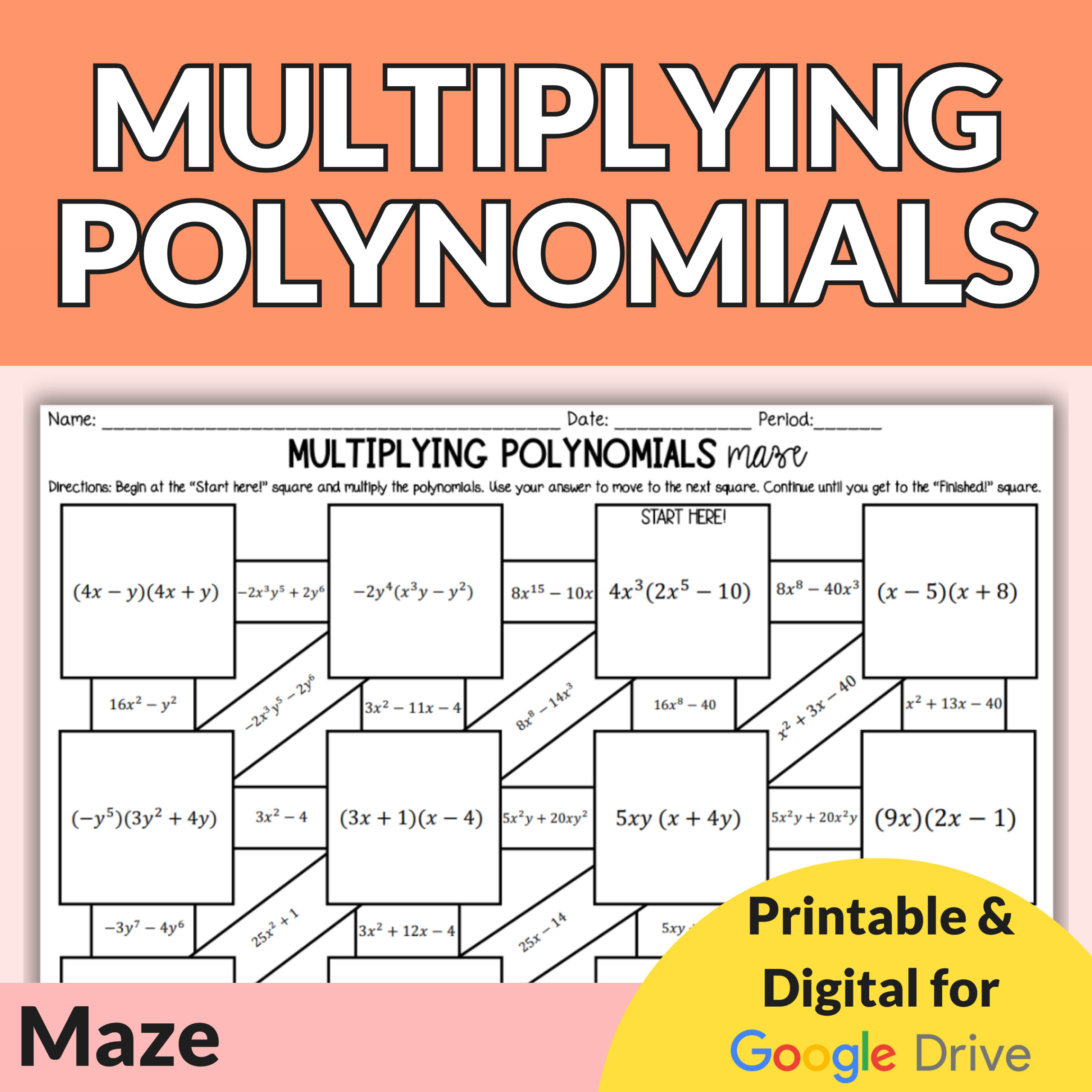 Multiplying Polynomials Puzzle Maze Worksheet