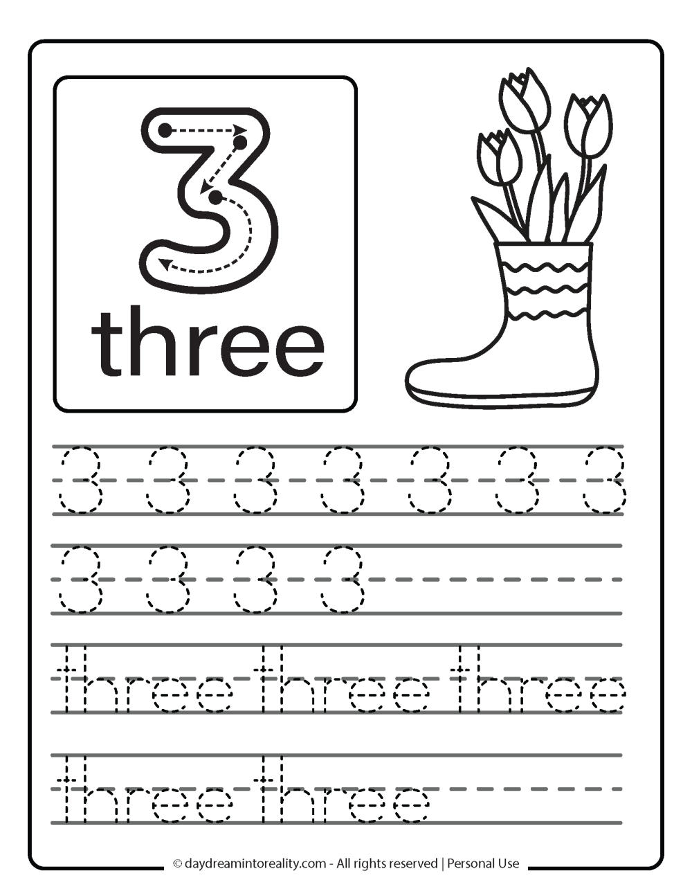 Free Printable Number 3 Tracing Worksheets