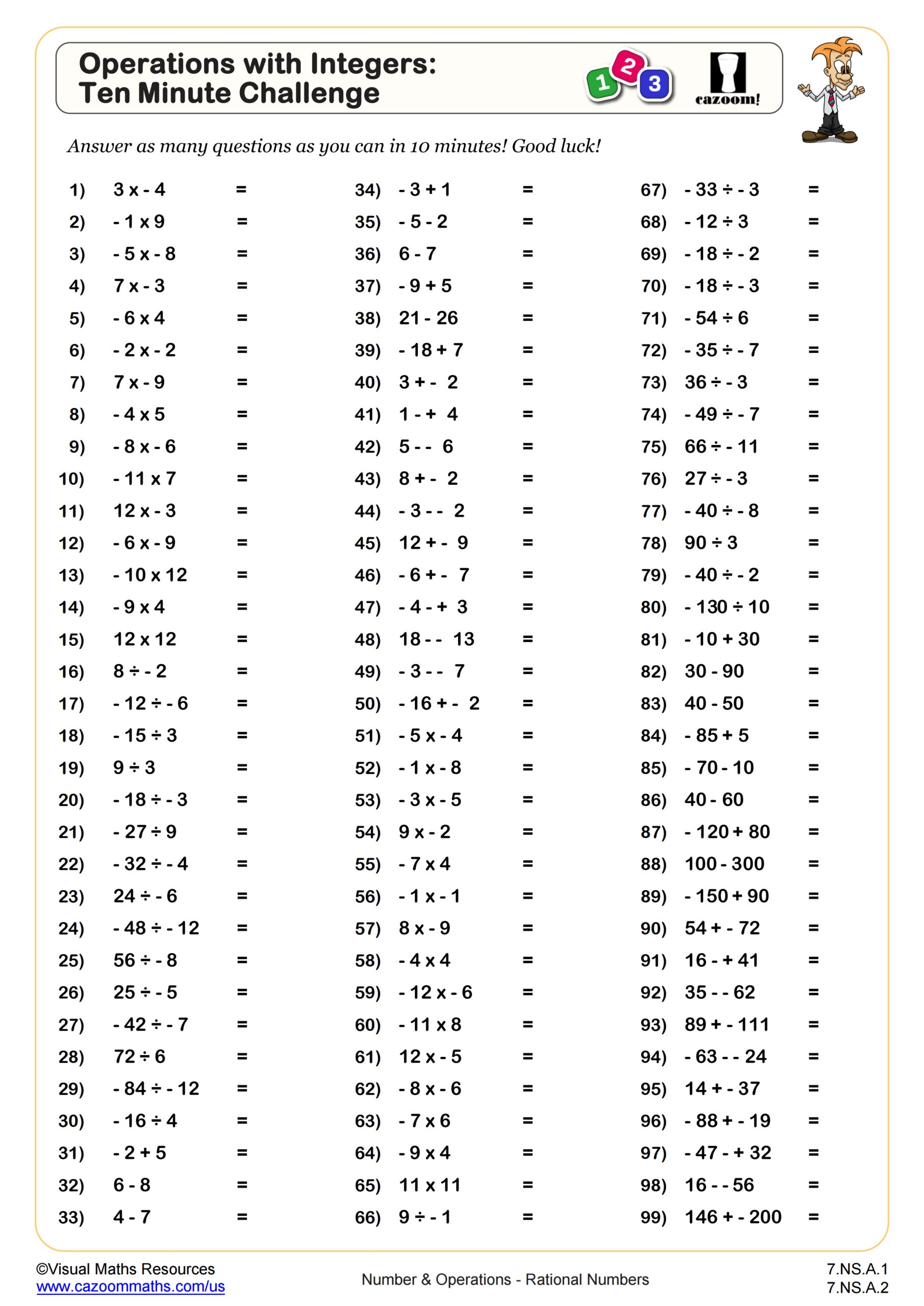 Operations With Integers Ten Minute Challenge Worksheet PDF Printable Number U0026 Operations Worksheet