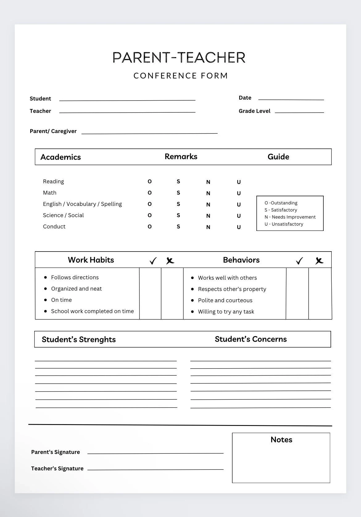 Printable Preschool Parent Teacher Conference Forms