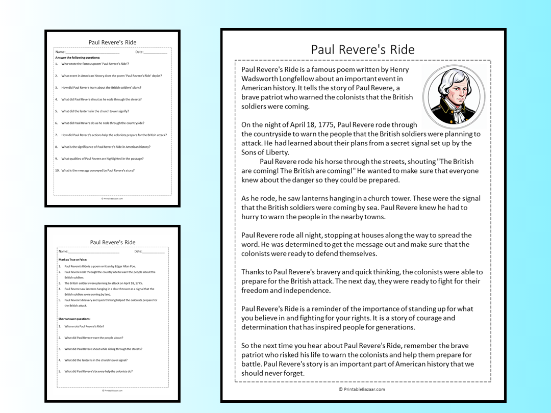 Paul Revere s Ride Reading Comprehension Passage Printable Worksheet Teaching Resources