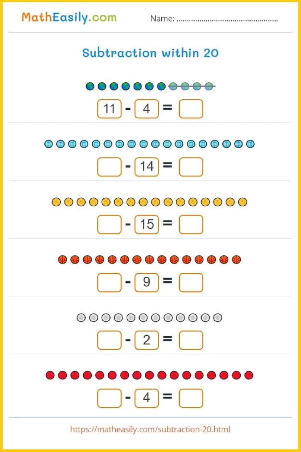 Free Printable Subtraction Within 20 Worksheets