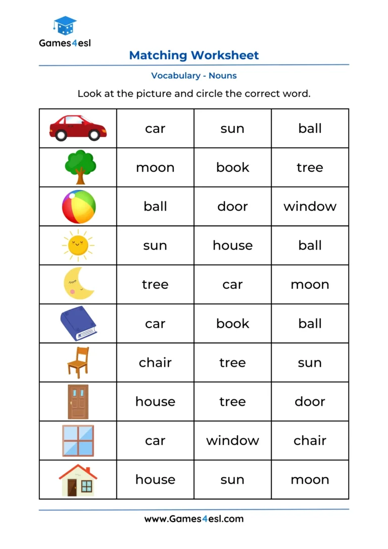 Picture Word Matching Worksheets Games4esl