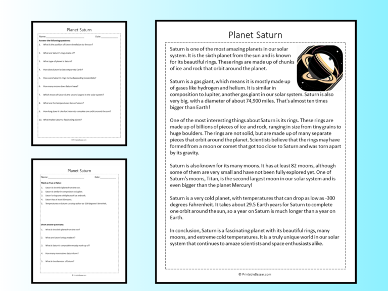 Planet Saturn Reading Comprehension Passage Printable Worksheet 
