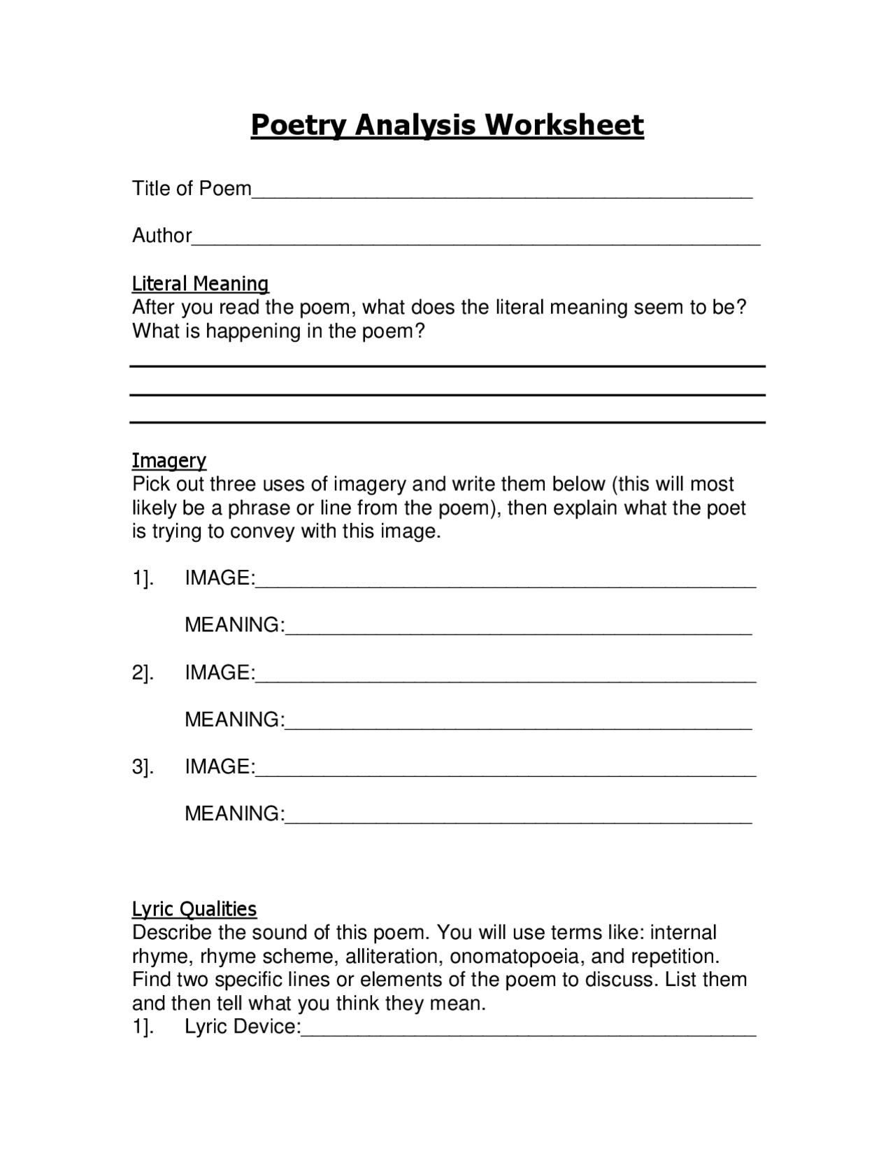 Analyzing Poetry Worksheets Free Printable