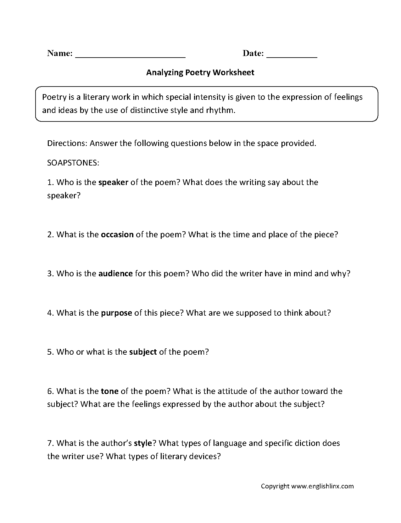 Poetry Worksheets Analyzing Poetry Worksheets