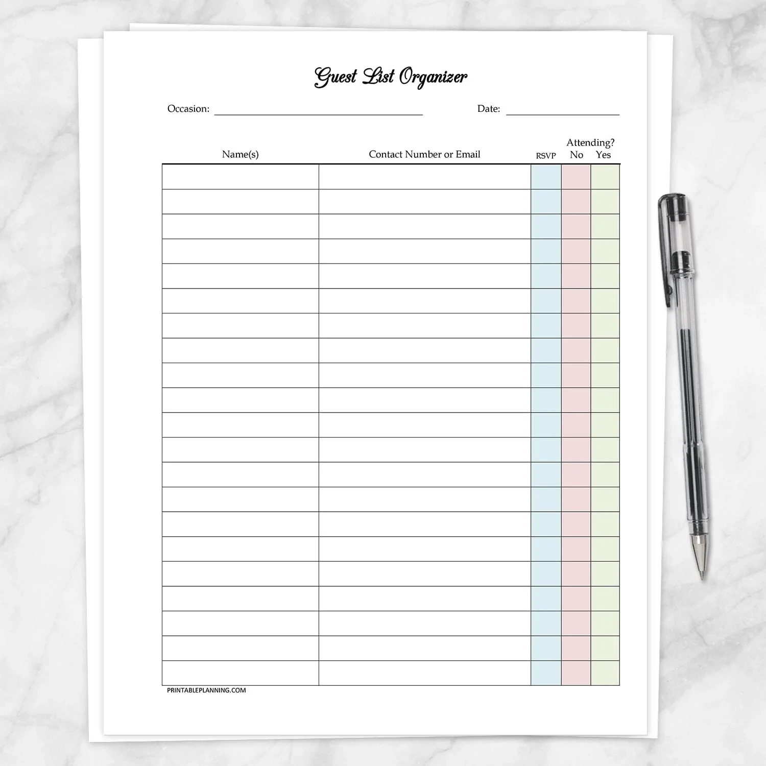 Printable Guest List Worksheet