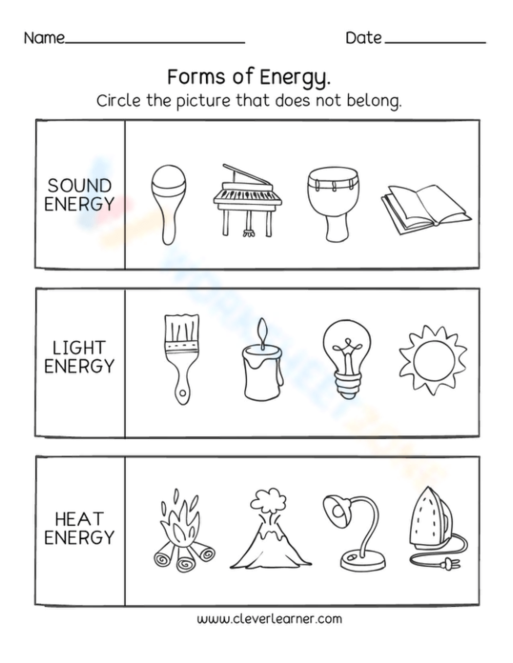 Printable Kindergarten Energy Sound Light Worksheets