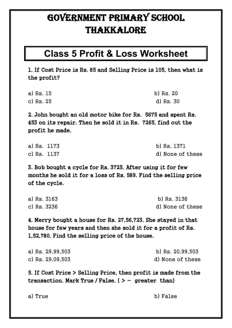 Profit And Loss LiveWorksheets 436750