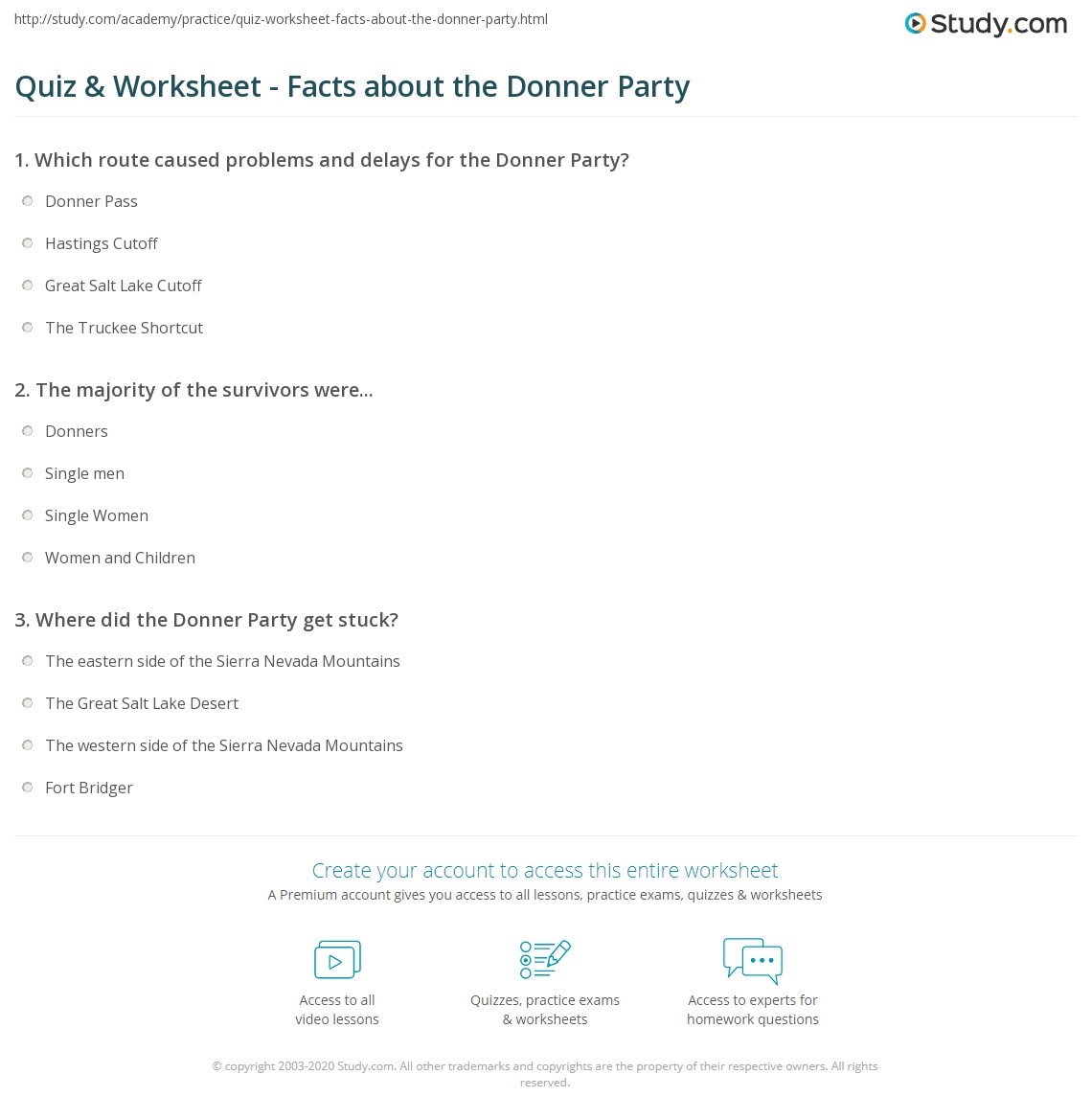 Quiz Worksheet Facts About The Donner Party Study
