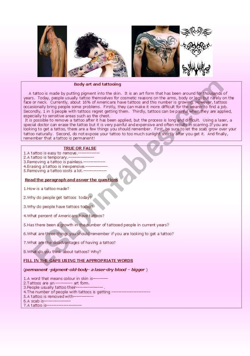 Read About Tattoos reading Comprehension Skill ESL Worksheet By Serkanserkan