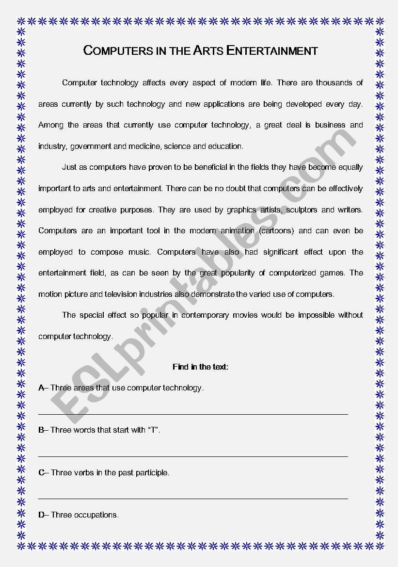 Reading Comprehension Computers In The Art Entertainment ESL Worksheet By Denise calazans