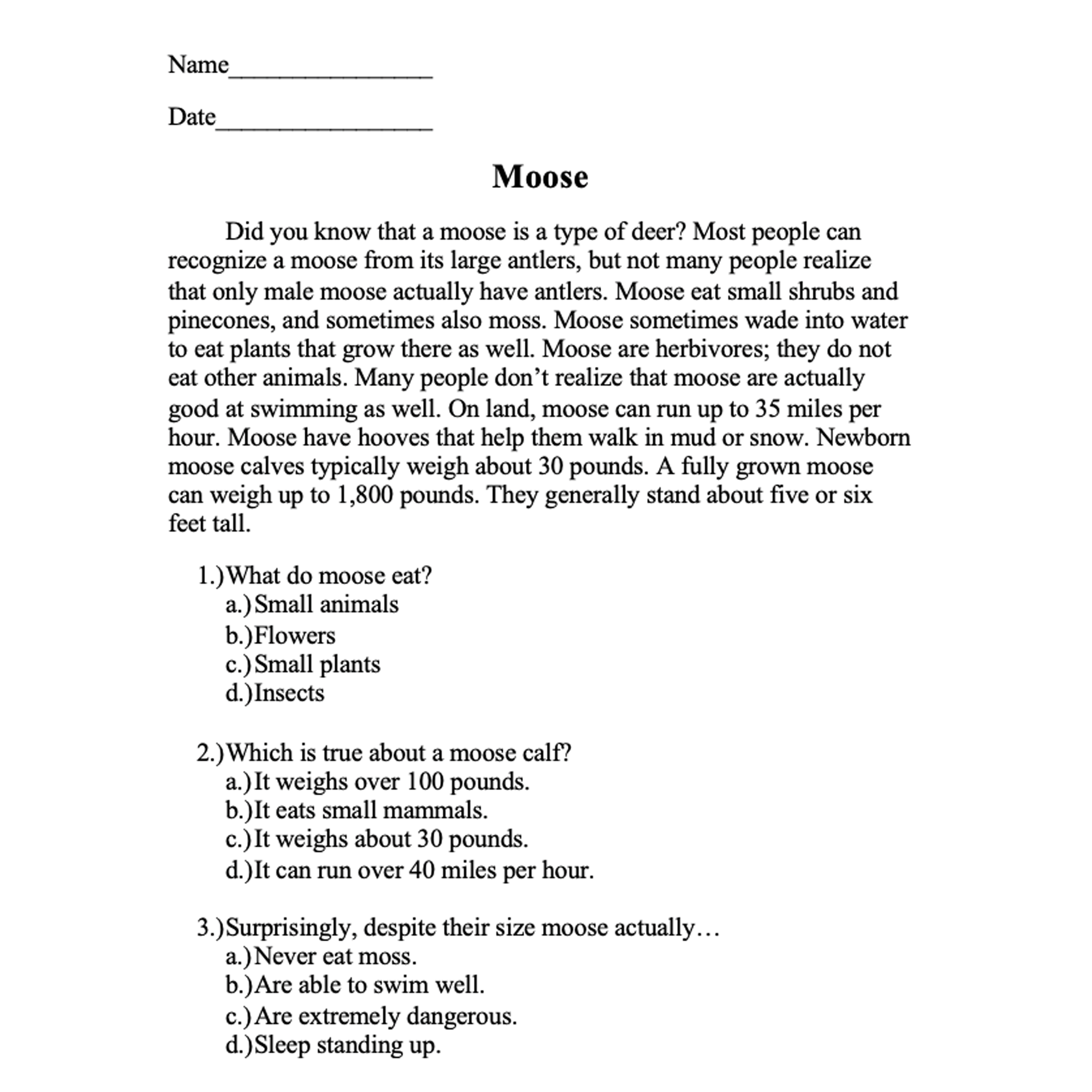 Reading Comprehension Worksheets With Choices