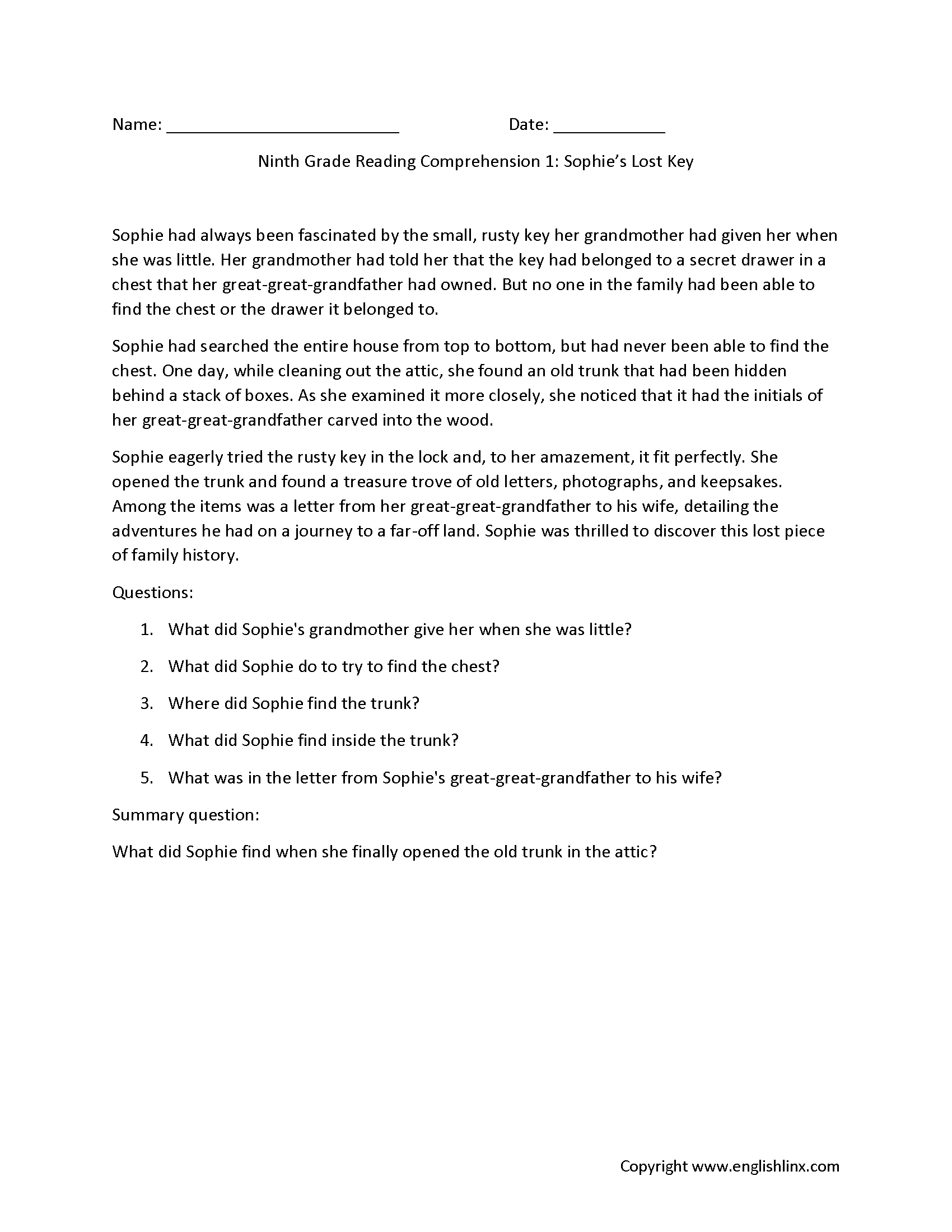 Reading Comprehension 9th Grade Worksheets
