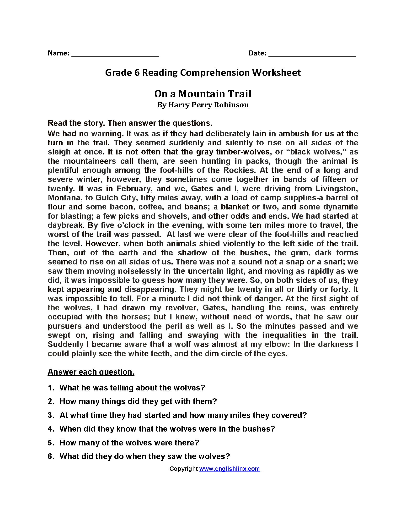 Reading Worksheets Sixth Grade Reading Worksheets