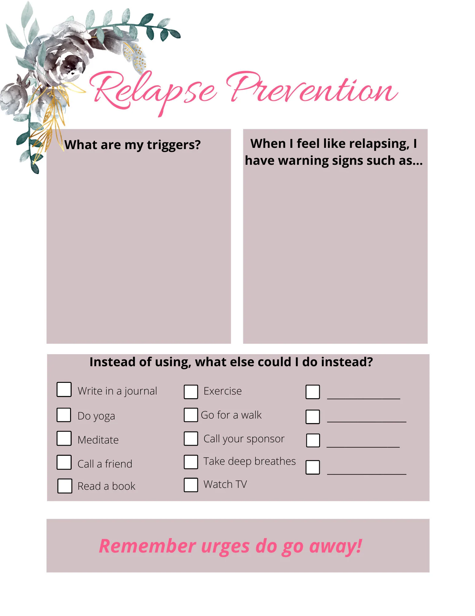 Relapse Prevention Plan Printable Etsy