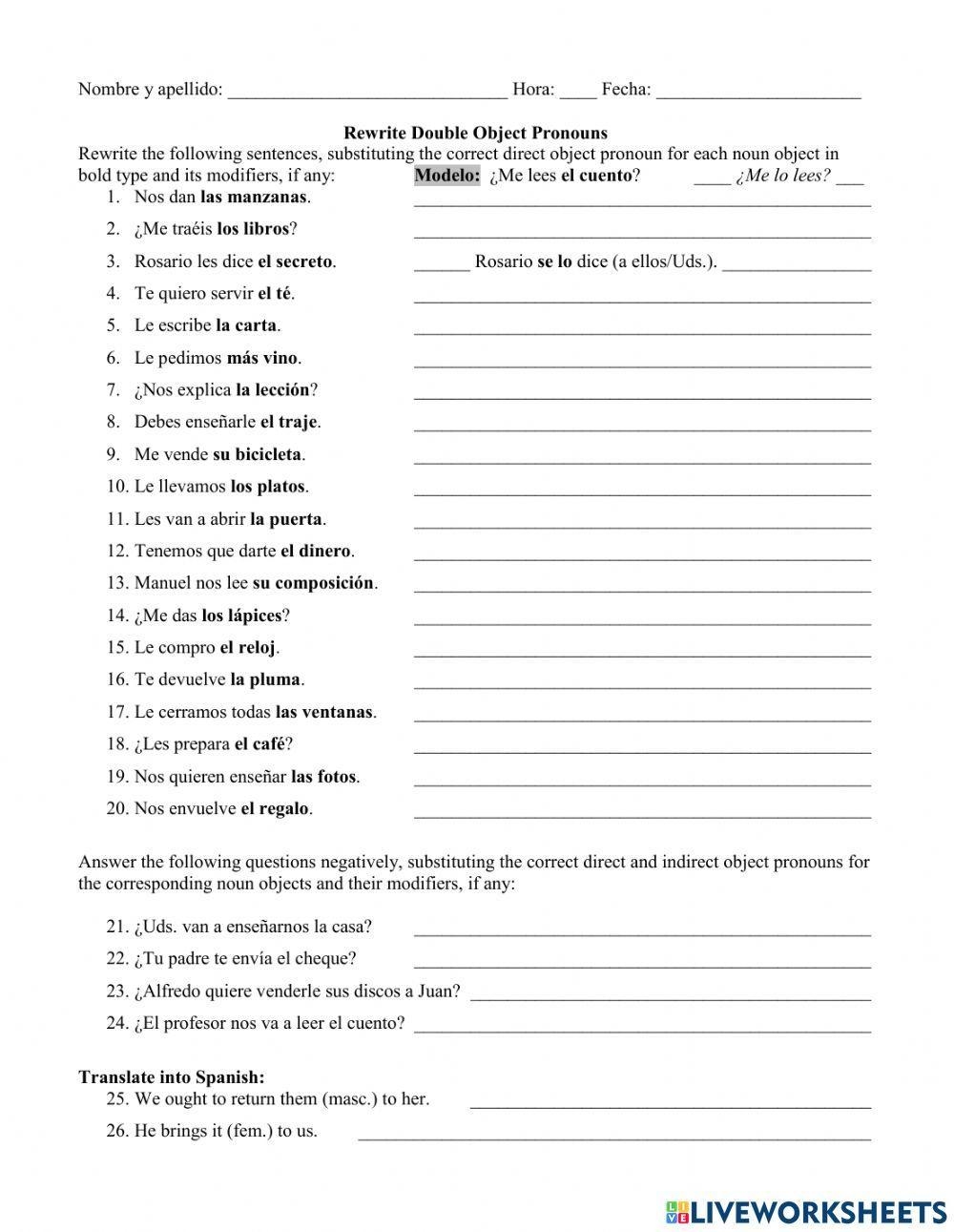 Double Object Pronouns Spanish Printable Worksheet