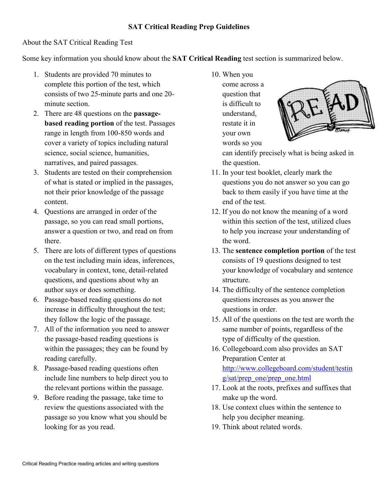 Sat Reading Practice Worksheets Printable