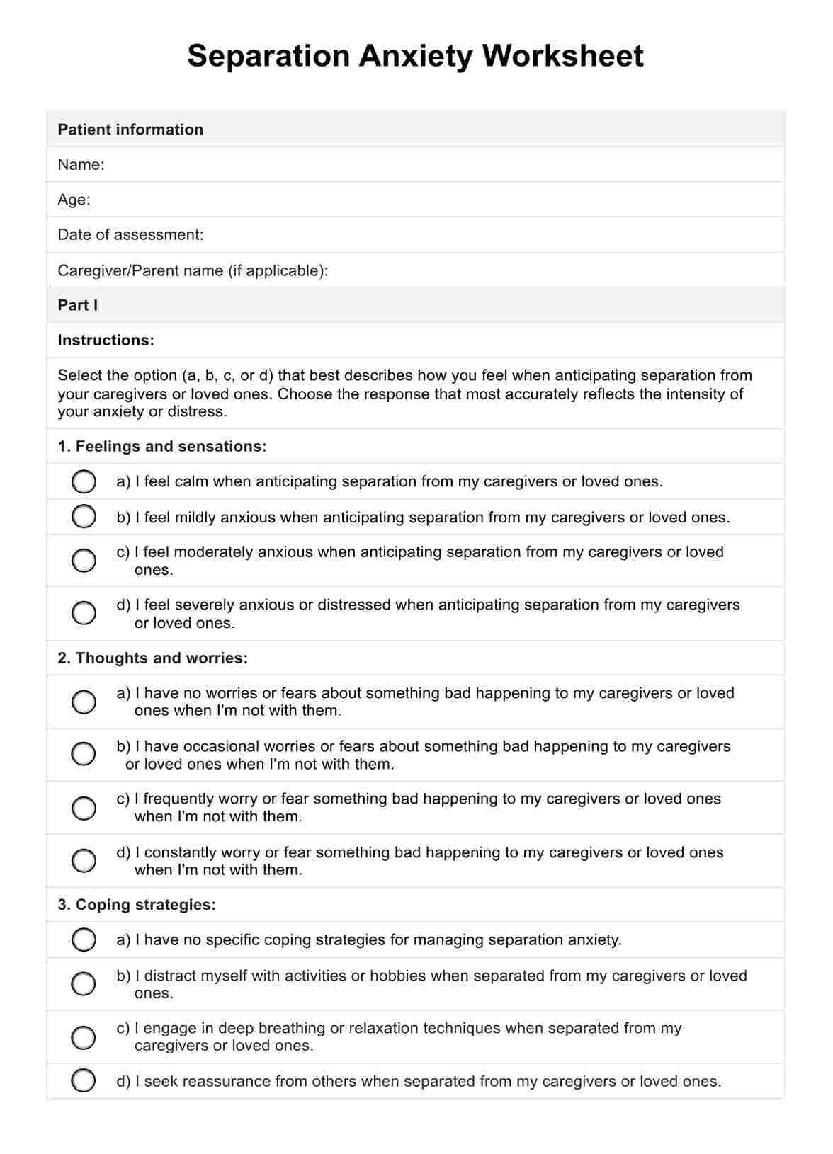 Separation Anxiety Worksheet
