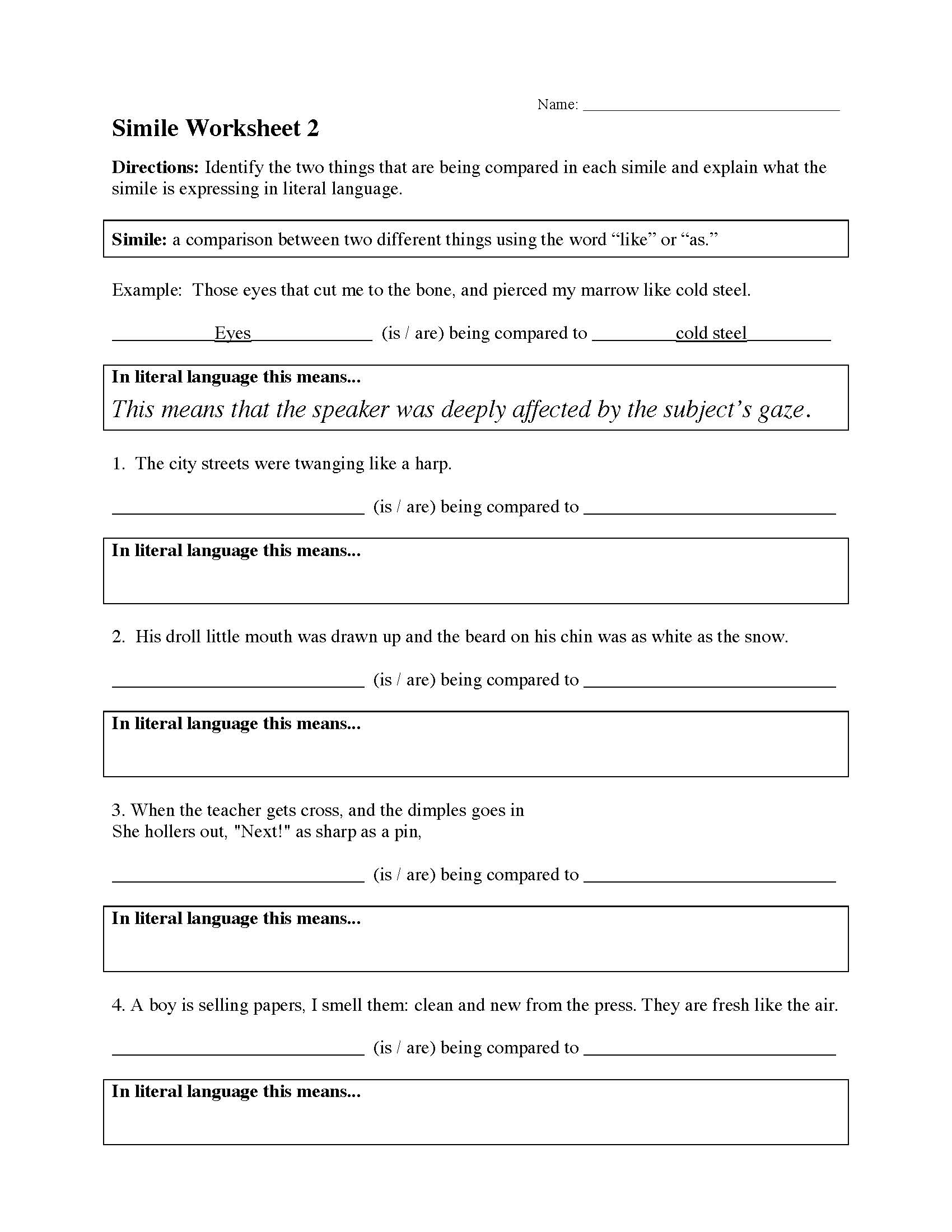Simile Worksheets Free 4th Grade