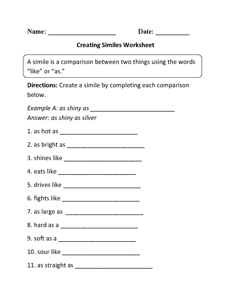 Similes Worksheets Free Printable Figurative Language Practice