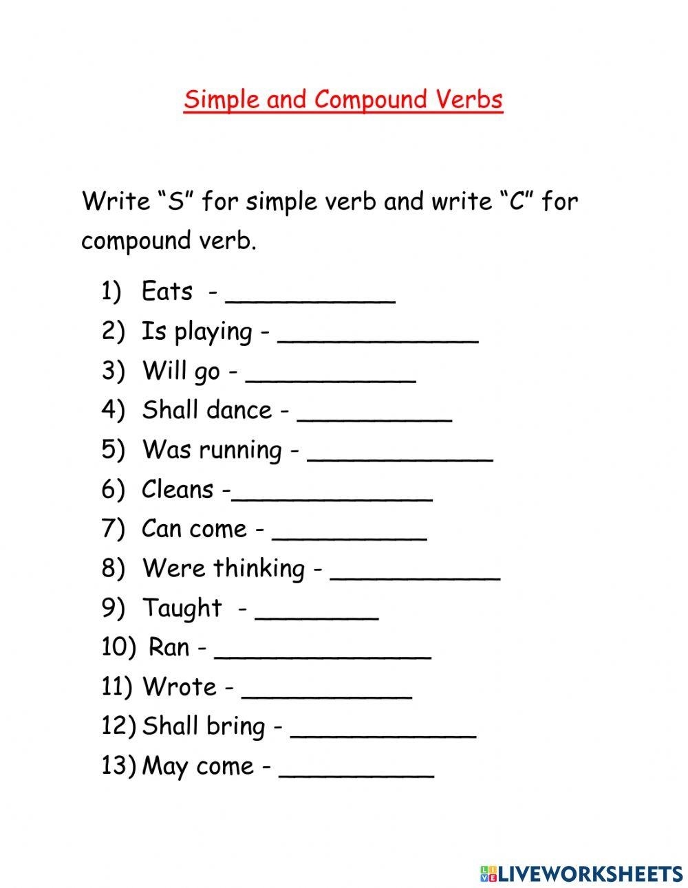 Simple And Compound Verb Online Exercise For Live Worksheets Worksheets Library