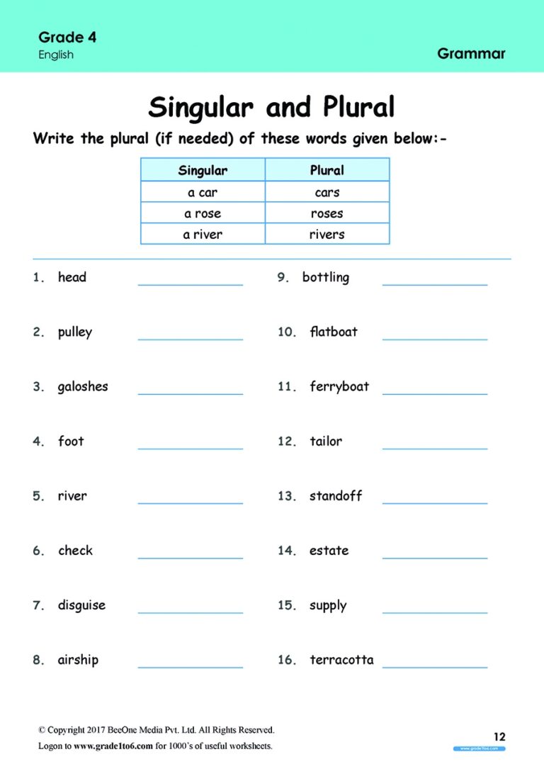 Singular Plural Worksheets Free For Grade 4 Class 4 IB CBSE ICSE