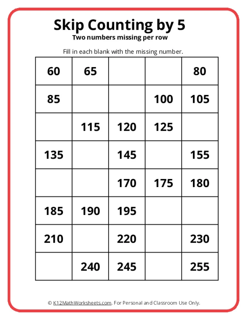 Count By 5's Worksheet Printable