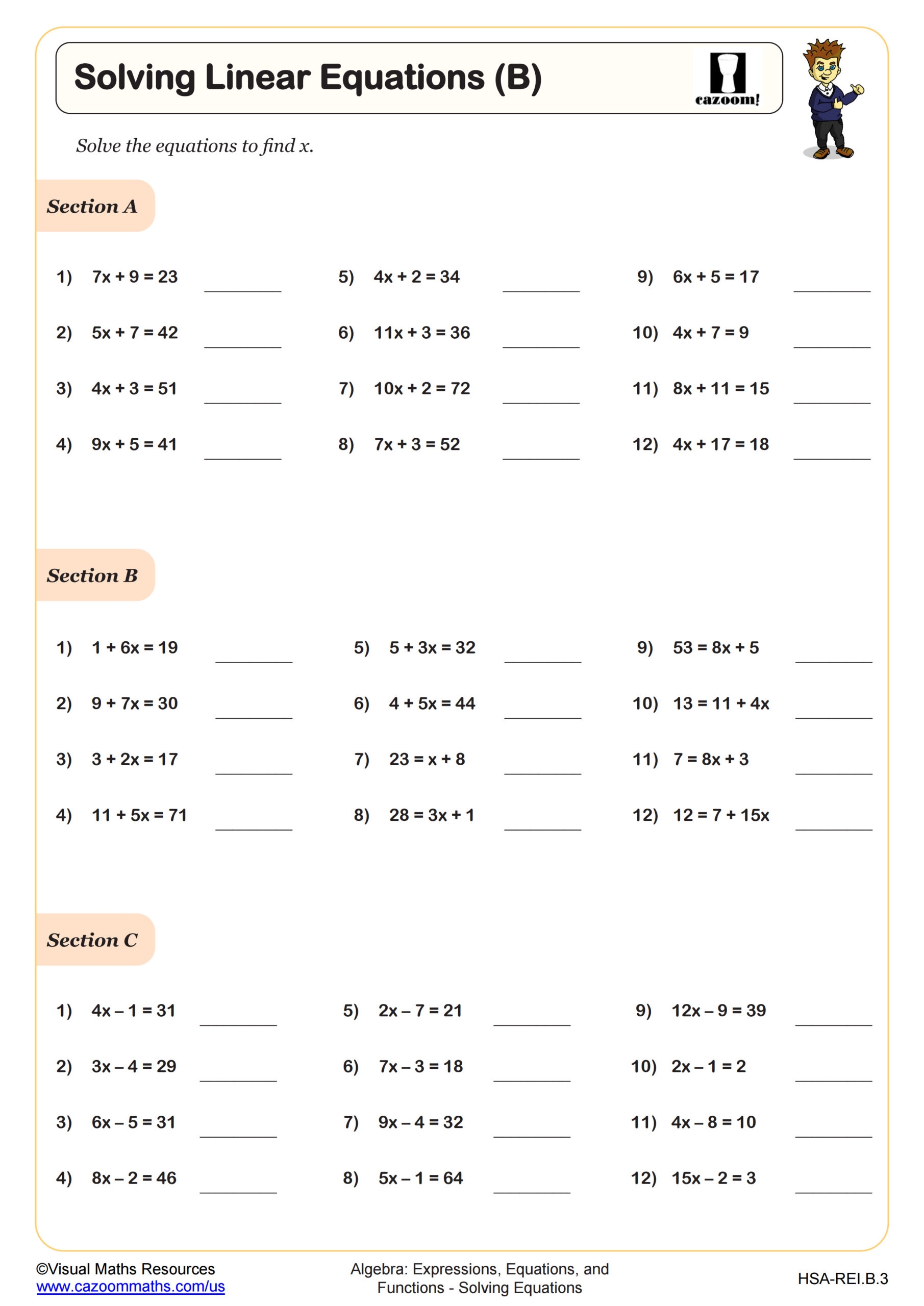 Free Printable Linear Equations Worksheets