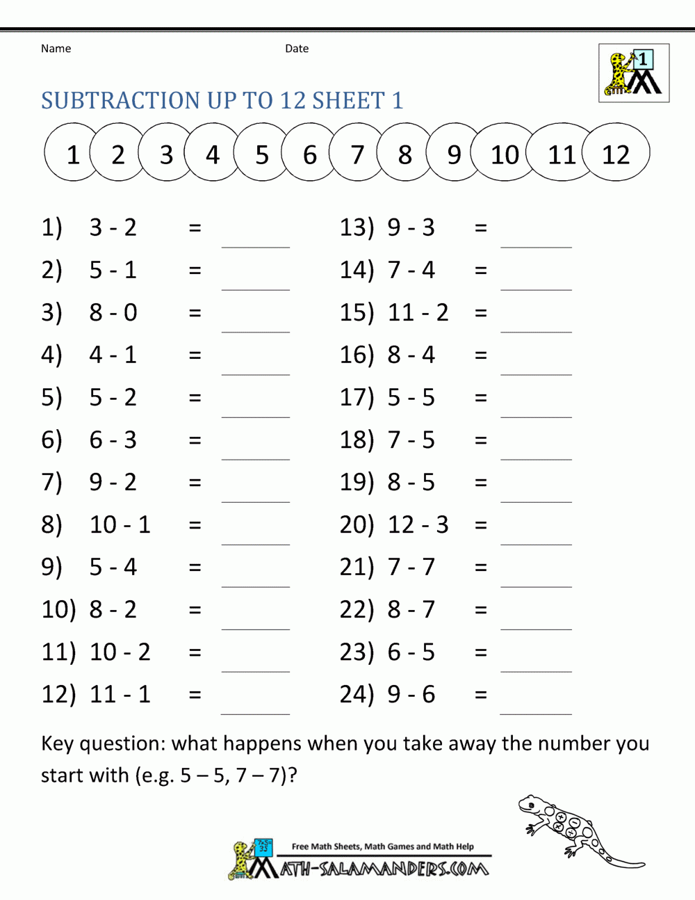 1st Grade Printable Subtraction Worksheets