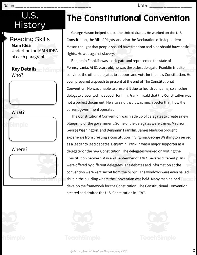 Constitutional Convention Reading Comprehension Worksheets