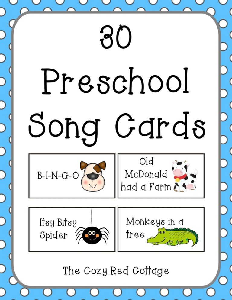 The Cozy Red Cottage 30 Preschool Song Cards free Printables 