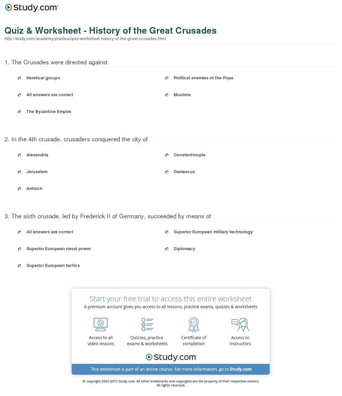 Crusades Printable Worksheets