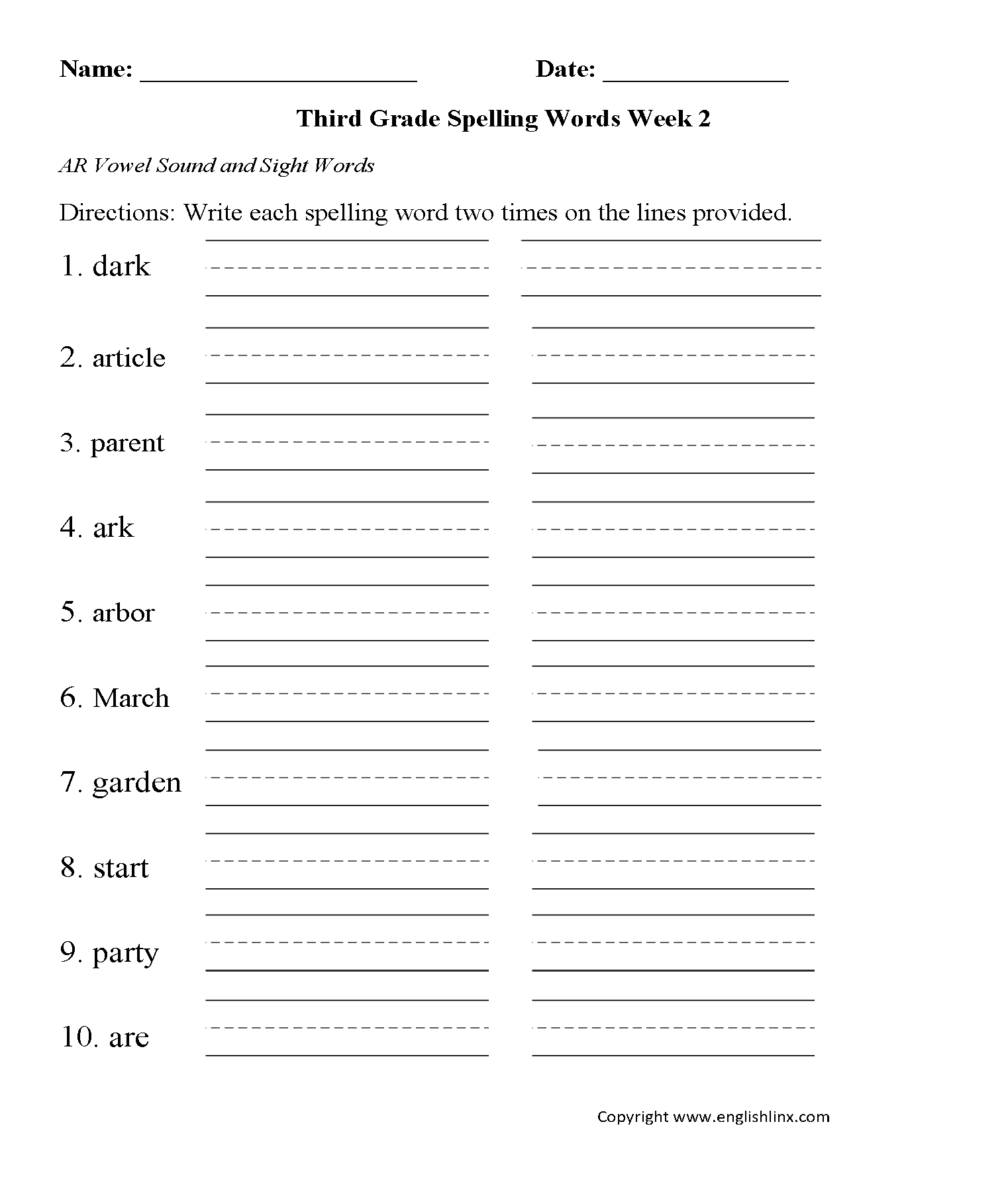 Third Grade Spelling Worksheets Printable Word Lists Practice Activities