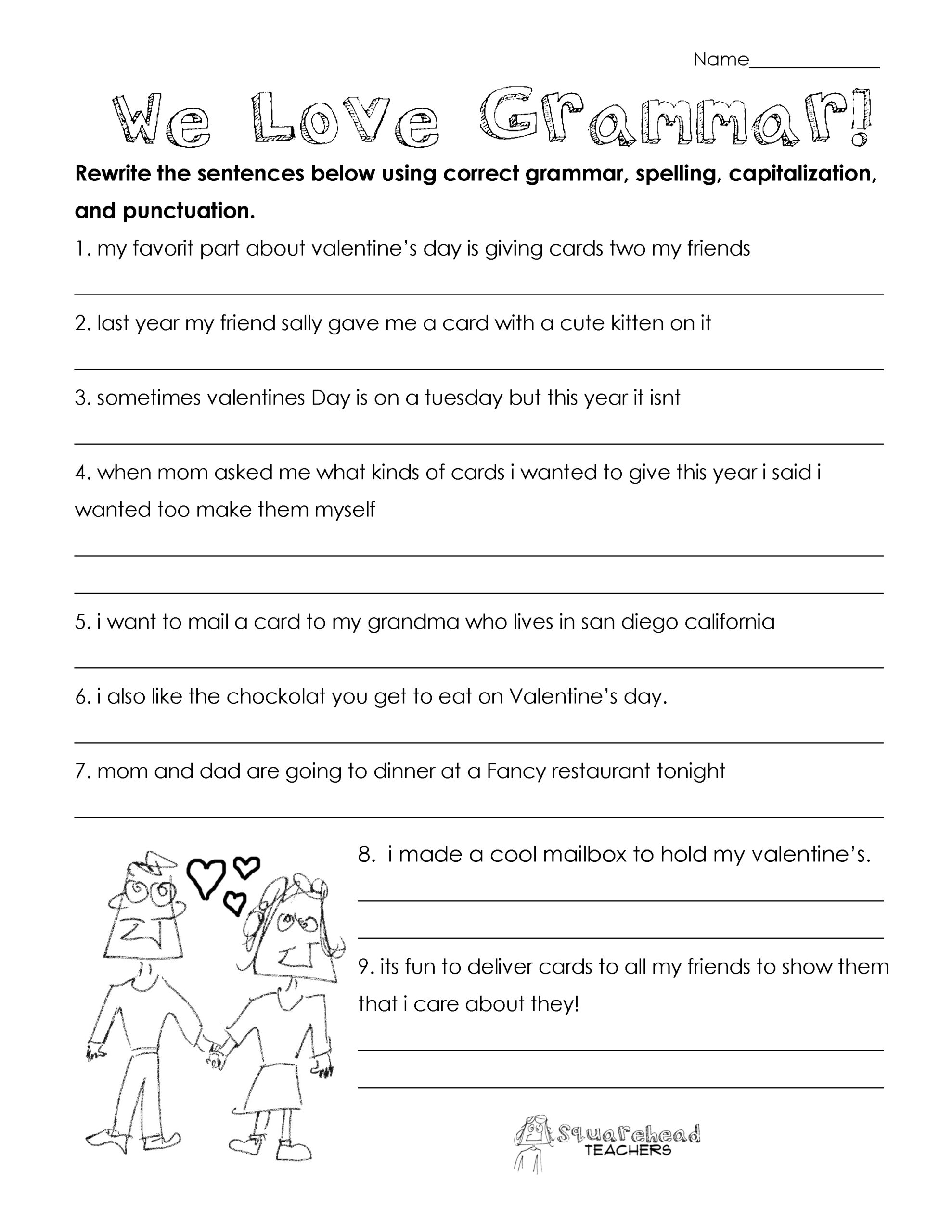 Valentine s Day Grammar free Worksheet For 3rd Grade And Up